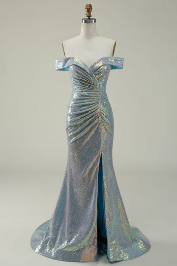 Mermaid Blue Sparkly Off the Shoulder Ball Dress With Slit